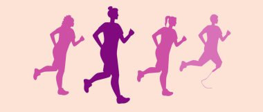 Kadın koşucular, sporcular, siluet vektör stok çizimi protezi olan kişi, Afrikalı kişi, koşu çeşitliliği ve aktif yaşam tarzı ile ruh veya maraton