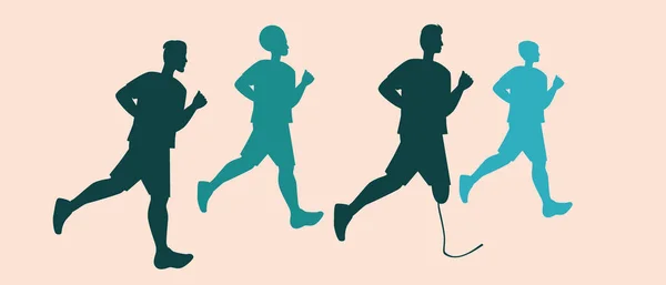 Mężczyzna Biegacze Sportowe Ludzie Sylwetka Wektor Czas Ilustracja Osobą Protezą — Wektor stockowy
