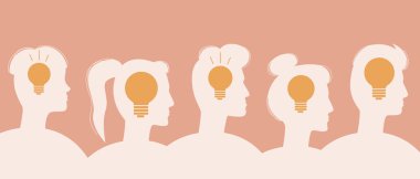 Bir grup bilim adamı beyin fırtınası konsepti olarak bir arada. Düz vektör stok çizimi. Yanan ampul fikri sembolü. Takım çalışması. İnsanlar tarafından problem çözme