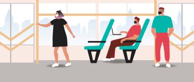 Yolcu aracının içinde maskeli insanlar var. Düz vektör stok çizimi. Otobüs, tren, tramvay, tramvay, polis koruması