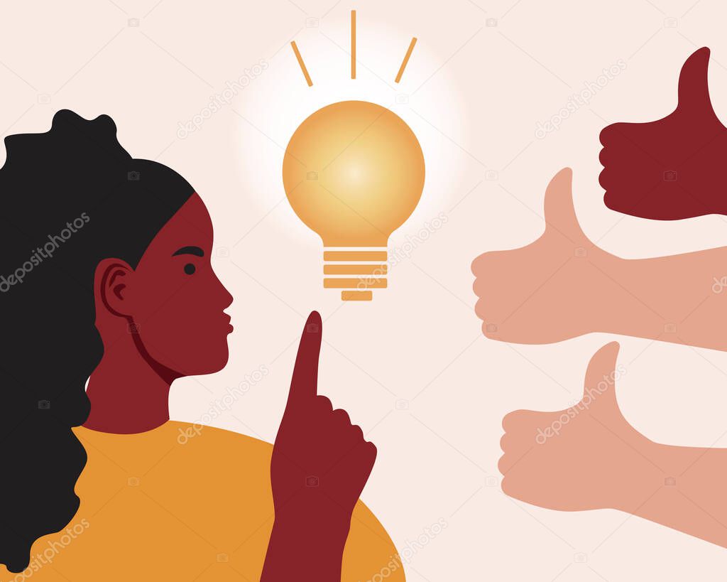 The idea of ??an African woman, the approval of society. Flat vector stock illustration. Hand with thumbs up. Support as public opinion. Achievement African people concept
