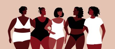 Afrikalı kadınlar, farklı ten renkleri. Düz vektör stok çizimi. Siyah tenli, farklı ten renginde güzel insanlar. Farklı şekiller, artı boyut. Siyah Yaşam Konsepti