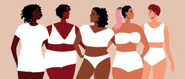 Farklı ten renginde kadınlar. Düz vektör stok çizimi. Farklı insanlar bir arada, farklı figürler, etnik gruplar. Çok kültürlü kavramı