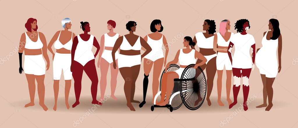 Group of different women, inclusive people. Flat vector stock illustration. African female sex, disability, vitiligo. Women with different figures, prostheses. Young, old, old together