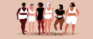 Farklı kadınlar, ten rengi, yaş, vitiligo. Düz vektör stok çizimi. Farklı etnik gruplardan bir grup insan bir arada. Genç adam, yaşlı adam.