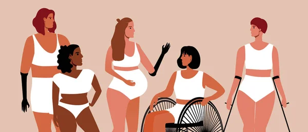 Sociedad Inclusiva Mujeres Con Discapacidad Ilustración Vector Plano Gente Pequeña — Archivo Imágenes Vectoriales