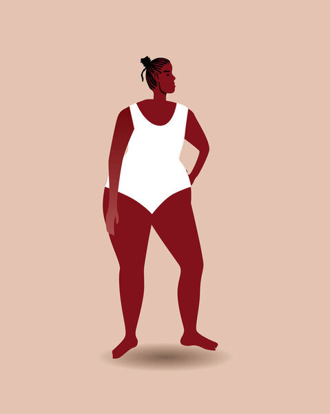 African person who is overweight in bathing suit. Flat vector stock illustration. Cute Afro Woman as Concept of Natural Beauty. Modern woman is isolated for design