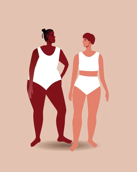 Donne Diverse Colore Della Pelle Figura Gruppo Etnico Illustrazione Dello — Vettoriale Stock