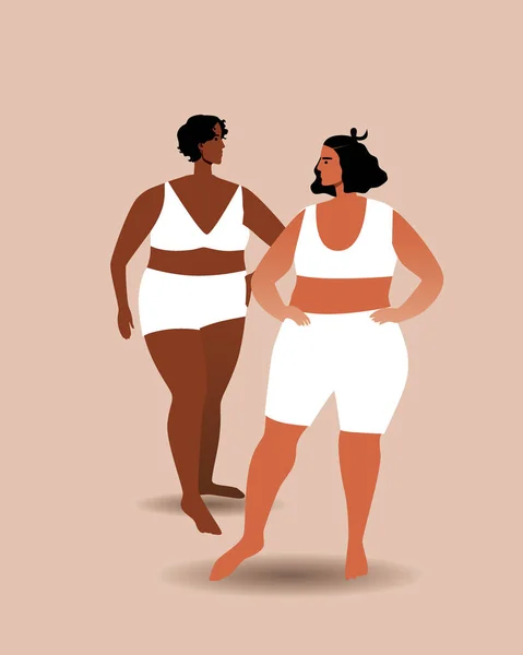 Donne Sovrappeso Illustrazione Dello Stock Vettoriale Piatto Corpo Figure Naturali — Vettoriale Stock