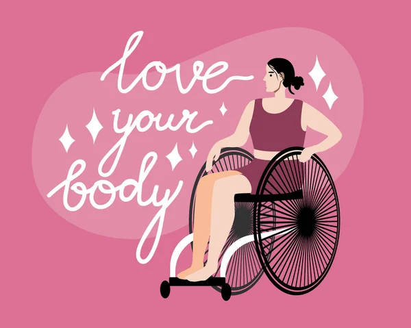 Wanita Kursi Roda Dan Teks Cinta Tubuh Anda Ilustrasi Saham - Stok Vektor