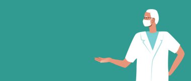 Tıbbi maske deneyimli doktor, uzay şablonunu kopyala, düz vektör stok çizimi. Beyaz önlüklü sağlık görevlisi. tasarım için arkaplan