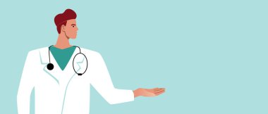 Doktor, cerrah ya da terapist steteskop, kopya uzay şablonu, düz vektör stok çizimi. Persona izole edildi. Beyaz önlüklü, mesaj için yeri olan adam. tasarım için arkaplan