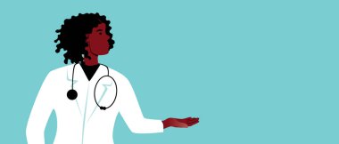 Afrikalı kadın doktor, kopya uzay deseni, düz vektör stok çizimi. Profesyonel ya da hemşire. Siyah hayat kavramı önemlidir. Metin için alanı olan şablon