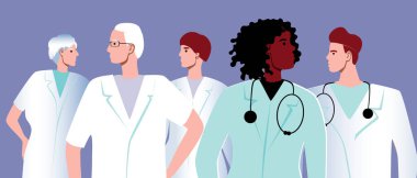 Bir grup doktor, tıp öğrencileri, hemşireler birlikte. Düz vektör stok çizimi. Dişçi, dişçi ya da steteskoplu beyaz önlüklü terapist. Çok kültürlü insanlar çalışır.