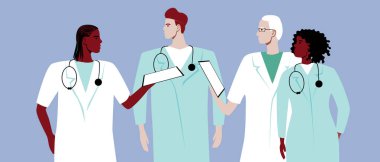Takım çalışması yapan çok kültürlü doktorlar. Düz vektör stok çizimi. Eğitim ve tıp pratiği. Beyaz önlüklü insanlar. Tıbbi bir durum. Tedavi süreci