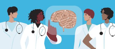 Nörologlar ve beyin. Düz vektör stok çizimi. İnsan sinir sisteminin organlarının teknolojik tedavisi. Nörologlardan oluşan bir ekip takım olarak takım çalışması yapacağız.