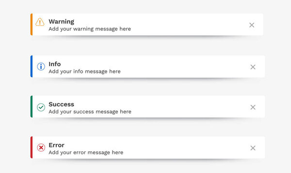 Сообщения уведомлений, Успех, Предупреждение, Ошибка, Информация. Тост, push-уведомления, всплывающие уведомления, passive-up, снек-бар, десктопные уведомления для веб-дизайна, мобильные. Векторные пользовательские слои.