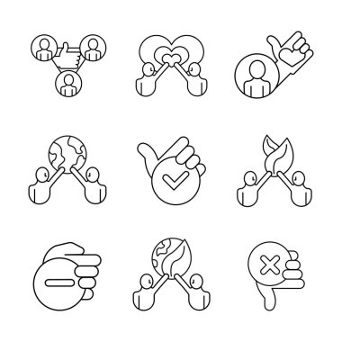 Kalp, yaprak ve toprak ellerinde. Pozitif ve negatif simge seti. İnsanların duygu ve düşünce ikonu seti. Düzenlenebilir satır seti. Doğrusal simge seti. Logo-web, simge tasarımı.