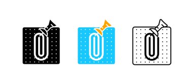 Ataç ve duvar tahtası seti. Panoya eklenmiş simge seti vektörü. Ofisteki işyeri ekipmanları. Düzenlenebilir satır seti. Siluet, renkli, doğrusal simge seti. Logo-web, simge tasarım ögesi