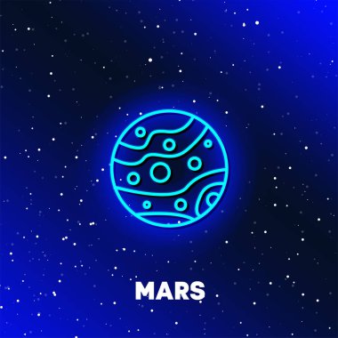 Mars gezegeni neon ikon tasarımı. Uzay, gezegenler ve evren kavramı. Neon tarzı simgelerdeki web elemanları. Web siteleri, web tasarımı, mobil uygulama, bilgi grafikleri için gerçekçi simge.