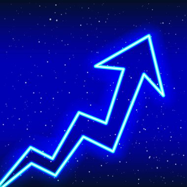 Neon mavisi yukarı doğru yükselen elektrik oku. Başarı-fikir evresi. Yerden yükselen kavisli ok işareti. Neon 3d ok işareti. Gerçekçi neon ikonu. Mavi arkaplanda doğrusal simge. Yazma alanı