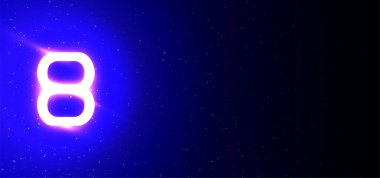 8 numaralı sembol eşsiz parlak neon işareti vektörü. Işık patlaması. Sekiz numaralı neon simgesini tasarla. Aydınlatılmış bayrak. Neon işareti. Her gece harika bir reklam. Boş boşluklu pankart.
