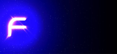 Süper parlak neon renkli F harfi. Gerçekçi neon patlaması. Yıldızlar arasında gece şovunun F harfli alfabesi. Vektör illüstrasyon büyük harf tipi. Metin Boşluğu Olan Mavi Arkaplanda İzole Edilmiş.