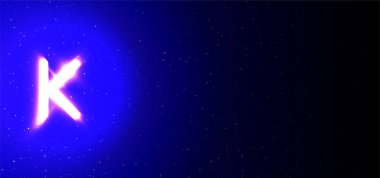 Süper parlak neon renkli K harfi. Gerçekçi neon patlaması. Yıldızlar arasında gece şovunun K harfi. Vektör illüstrasyon büyük harf tipi. Metin Boşluğu Olan Mavi Arkaplanda İzole Edilmiş.