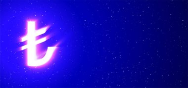 Süper parlayan neon Türk lirası parayı mavi renkte imzalıyor. Gerçekçi neon para birimi. Yıldızlar arasında gece Türk lirası sergisi. Ana para birimi tipinin vektör illüstrasyonu.