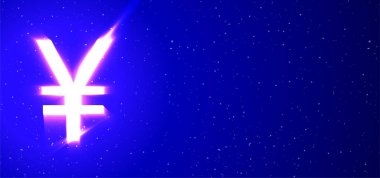 Süper parlak neon yenli işaret parası mavi renkte. Gerçekçi neon para birimi. Yıldızlar arasında gece gösterisinde Yen coin. Büyük para birimi tipinin vektör illüstrasyonu. Mavi Arkaplan uzayında izole edilmiş.
