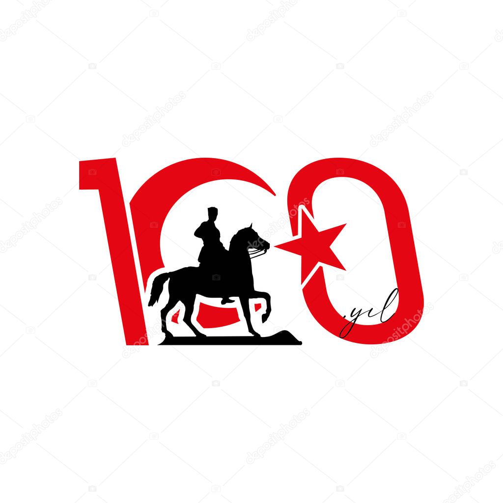 100 years logo. Vector illustration of 100 year old red Turkish flag and Atatrk. Silhouette drawing on the horse and the Turkish flag in the 100th anniversary.