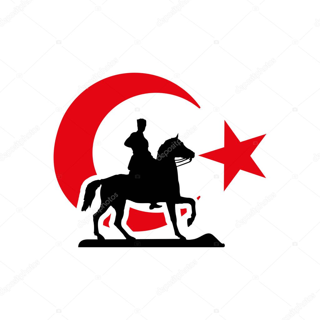 Vector illustration of red Turkish flag and Ataturk silhouette. Horse silhouette drawing and Turkish flag for logo design and banner design.