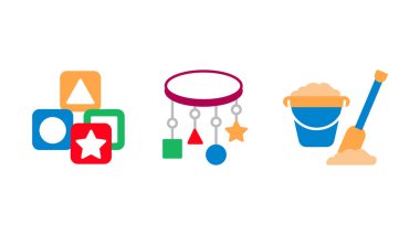 Kürek bebek ikonu, geometrik küpler ve kumla renklendirilmiş bir ikon seti. Üçgen, kare ve yıldız oyuncağı vektörü. Renkli düz simge ve doğrusal sembol tasarımı. Düzenlenebilir doğrusal simge seti.