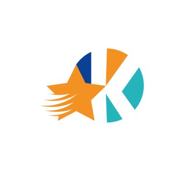 K harfi logosu ve yaratıcı uçan yıldız. Yuvarlak amblemde şirket logosu baş harfleri var. Hız etkisi yıldız vektör illüstrasyonu. Şirket marka kimliği. beyaz arkaplan.