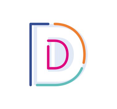 Soyut D harfi renkli doğrusal logoti. Yeni pop sanat renkleri olan modern harf çizgileri. Yazı tipi alfabe şablonu. Logo ince çizgi biçimini ayarladı.
