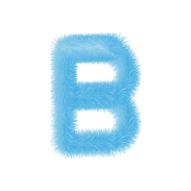Tüylü B harfi yazı tipi vektörü. Kolay düzenlenebilir harfler. Yumuşak ve gerçekçi tüyler. Mavi, tüylü, kıllı harf B, beyaz arka planda izole edilmiş..