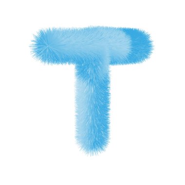 Tüylü T harfi yazı tipi vektörü. Kolay düzenlenebilir harfler. Yumuşak ve gerçekçi tüyler. Mavi, tüylü, kıllı T harfi, beyaz arkaplanda izole edilmiş..