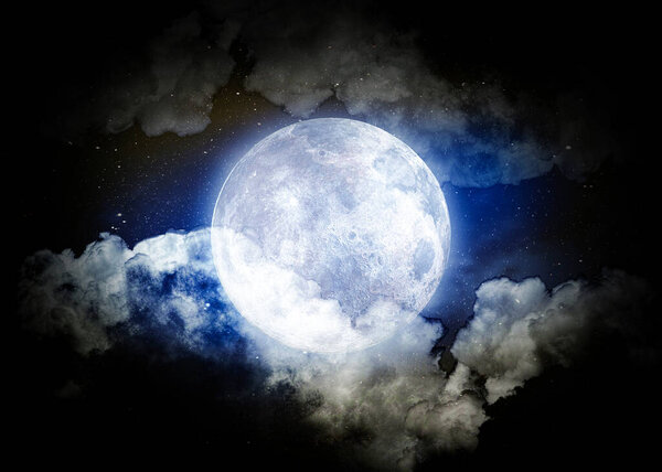 Moon and super colorful blue space among the clouds. Background night sky with stars, moon and clouds. The image of the moon of incomparable beauty.
