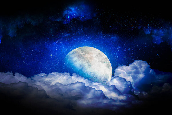 Moon and super colorful space among the clouds. Background night sky with stars, moon and clouds. The image of the moon of incomparable beauty.