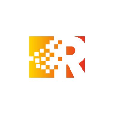 Renkli R harfi hızlı piksel noktaları logosu. R harfi entegratif piksel hareketli pikseller. Yaratıcı erimiş ve dağılmış hareket eden nokta sanatı. Modern yaratıcı limanlar. Vektör logosu tasarımı.