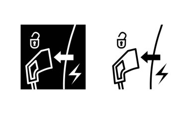 Araba şarj tapası ikonu. Modern elektrikli arabanın şarjı bitiyor. Siluet ve doğrusal orijinal logo. Basit taslak biçim simgesi. Beyaz arkaplanda vektör çizimi izole edildi. EPS10.