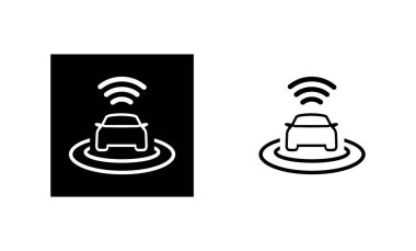 Araç 360 derece sensör ikonu. akıllı sürücüsüz wifi araba silueti ve doğrusal orijinal logo. Basit taslak biçim simgesi. Beyaz arkaplanda vektör çizimi izole edildi. EPS10.