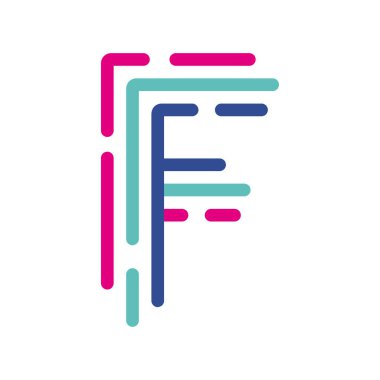 Soyut F harfi renkli doğrusal logoti. Yeni pop sanat renkleri olan modern harf çizgileri. Yazı tipi alfabe şablonu. Logo ince çizgi biçimini ayarladı.