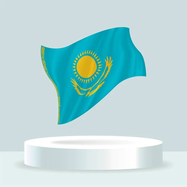 カザフスタンの国旗 スタンドに表示されるフラグの3Dレンダリング 現代のパステルカラーで旗を振っています 個別のレイヤー上の旗の図面 シェーディング 色をグループ化して簡単に編集できます — ストックベクタ