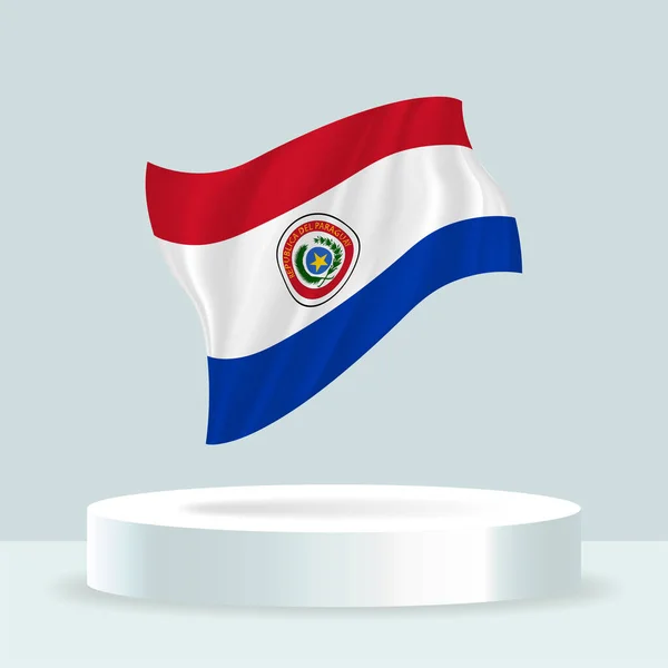 パラグアイ国旗 スタンドに表示されるフラグの3Dレンダリング 現代のパステルカラーで旗を振っています 個別のレイヤー上の旗の図面 シェーディング 色をグループ化して簡単に編集できます — ストックベクタ