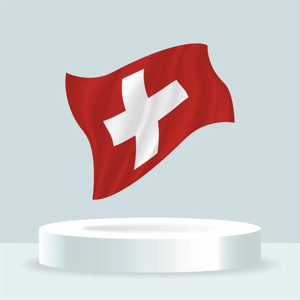 スイス国旗 スタンドに表示されるフラグの3Dレンダリング 現代のパステルカラーで旗を振っています 個別のレイヤー上の旗の図面 シェーディング 色をグループ化して簡単に編集できます — ストックベクタ