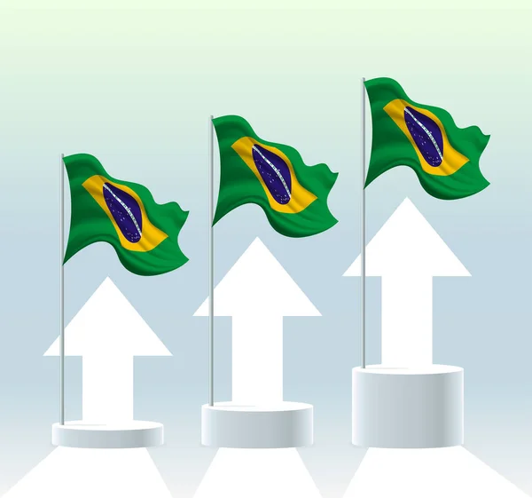 Бразильский Флаг Ценности Страны Находятся Восходящей Тенденции Махать Флагштоком Стенда — стоковый вектор