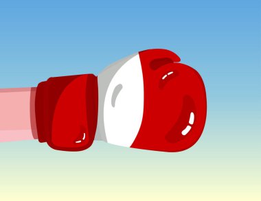 Boks eldiveninde Peru bayrağı. Rekabetçi güce sahip ülkeler arasında çatışma. Saldırgan tavır. İktidar ayrılığı. Şablon hazır tasarım.