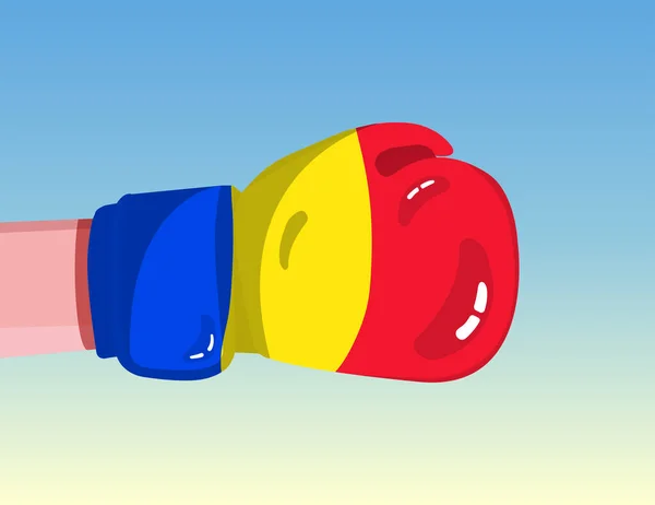 拳击手套上挂着罗马尼亚国旗 具有竞争力的国家之间的对抗 好斗的态度权力分立 模板准备设计 — 图库矢量图片