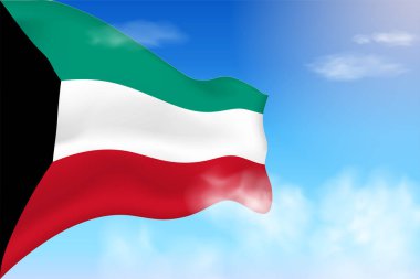 Bulutlardaki Kuveyt bayrağı. Gökyüzünde dalgalanan vektör bayrağı. Ulusal Gün Gerçekçi Bayrak Çizimi. Mavi gökyüzü vektörü.